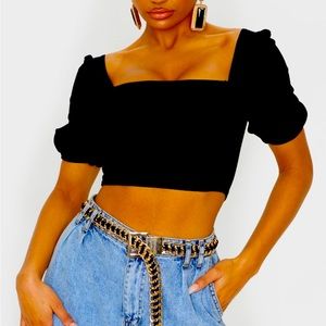Pretty little thing black scuba short puff sleeve crop top